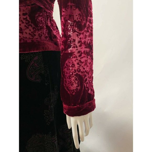 Ice Womens Velvet Wrap Jacket Red Paisley Long Sleeve Tie Collared M - Picture 7 of 12